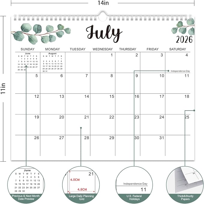 Wall Calendar 2026-2027, 18 Months Academic Calendar, July. 2026 - Dec 2027, 14'' × 11'', Monthly Wall Hanging Calendar with Thick Paper for Office Home Leaf