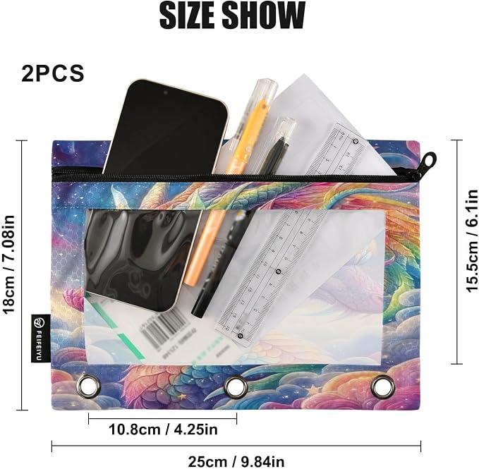 ALAZA Pencil Pouch for 3 Ring Binder, Rainbow Dragon Cloud Binder Pencil Pouches with Clear Window Zipper Pencil Case Cosmetic Bags for Office College Supplies, 2PCS