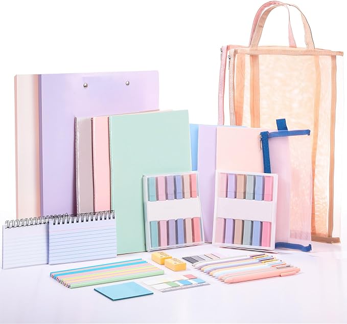 Colarr 54 Pcs Aesthetic College School Supplies Back to School Set,Macaron | 3 A5 + 3 B5 Lined Notebook, 12 Gel Pen, 12 Pencil, 12 Highlighter, Sticky Tabs, Folder Storage Bag, Journal Stationery Set