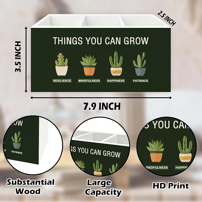 Mental Health Pen Pencil Holder Organizer for Desk, Things You Can Grow Motivational Wooden Box Signs Decorations for Therapy Counselor Office Desk Tabletop, Inspirational Office Decor