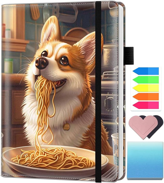 A5 Leather Lined Journal Notebook, 200 Pages Hardcover Executive Notebook for Men Women Office School Note Taking, Thick Writing Paper Daily Journal with Bookmarks/Indexes,Corgi Dog Eating Ramen