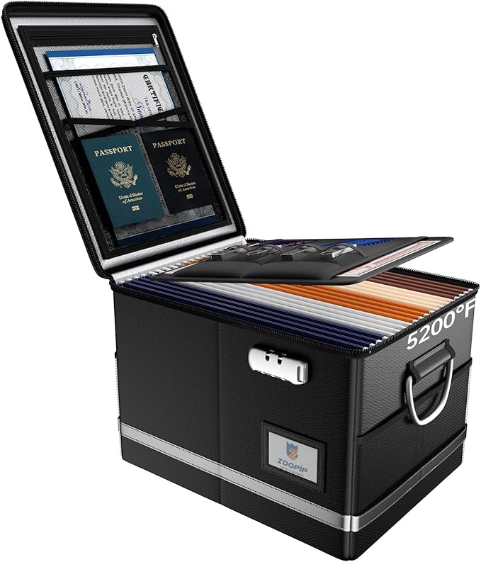 5200°F Fireproof Document Box, Foldable File Organizer with Lock | Fits Hanging Letter Legal Folders, Portable Home Office Travel Safe Storage, for Important Paper, Large Capacity, Black