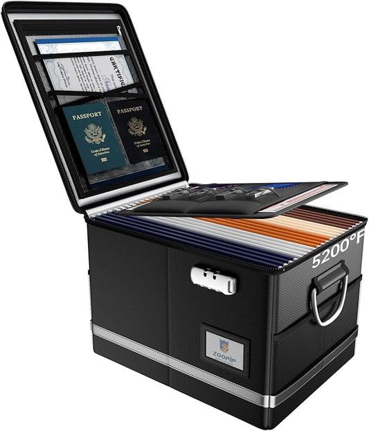5200°F Fireproof Document Box, Foldable File Organizer with Lock | Fits Hanging Letter Legal Folders, Portable Home Office Travel Safe Storage, for Important Paper, Large Capacity, Black