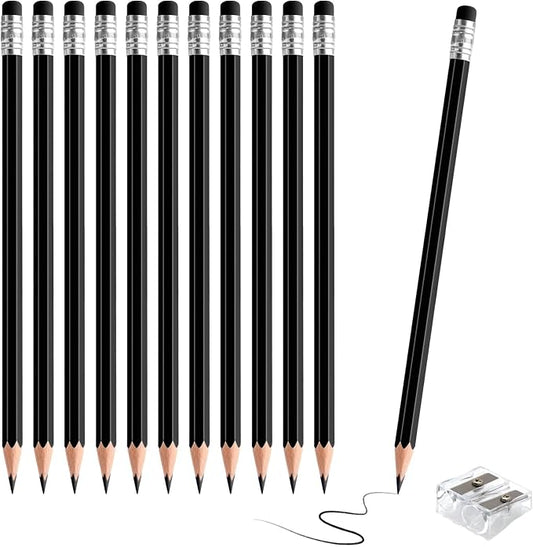 12 PCS Black Pencils with Eraser, Pre-Sharpened HB Pencils for Writing & Drawing, School Supplies for Kids Homework, Tests, Art Crafts & Teacher Grading (Black)