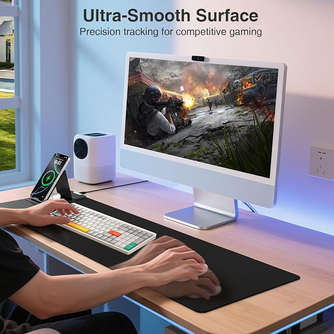 Mouse Pad with Wireless Charging & Foldable Phone Holder, Black | 27.5"x11.8 Desk Protector with Stitched Edges, Non-Slip Base, Laptop Desk Mat, Waterproof Writing Pad for Office & Home