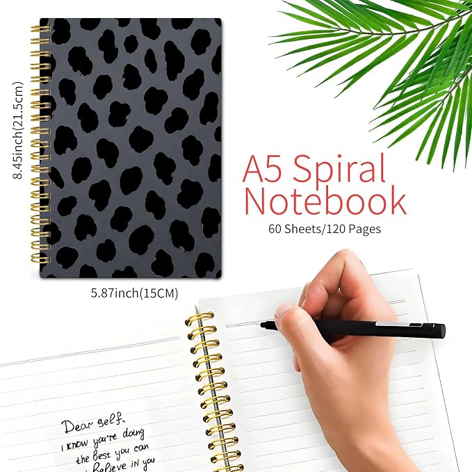 KZYVFNPQ Spiral Journal Notebook for Women Men, A5 Cute Hardcover Lined Notebook with Strong Binding,College Ruled Notebook for Office Work Writing(Black Leopard Spots)