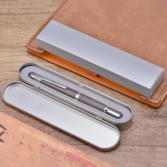 Jinhao 10 Press Fountain Pen with Box, Brushed Matt Gray Retractable Fine Nib with Converter Set (Silver Clip)