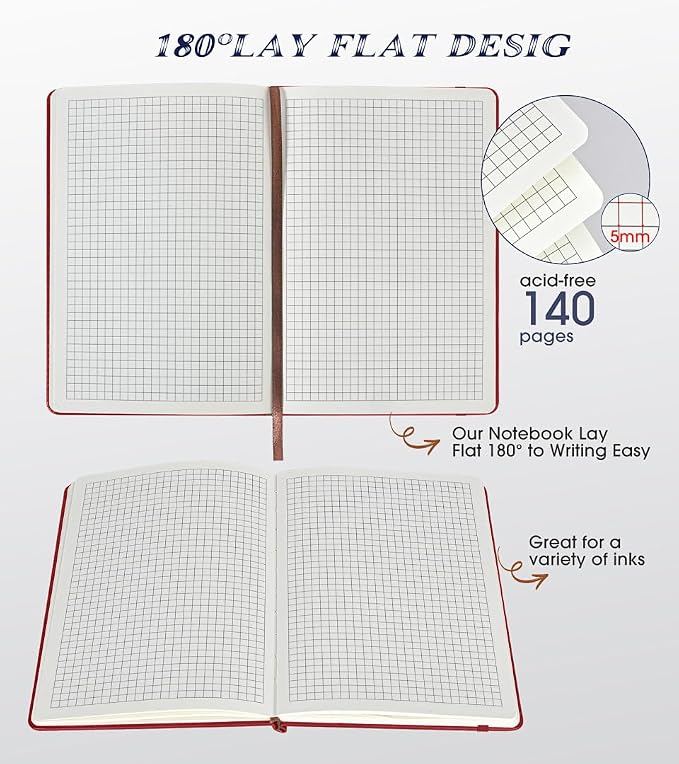 Biuwory A5 Hardcover Graph Paper Notebook, Grid Leather Journal for Writing | 140 Quad Ruled Grid Pages Vintage Diary, 5.7"×8.3" Travel Notebook for Work, School, Women & Men