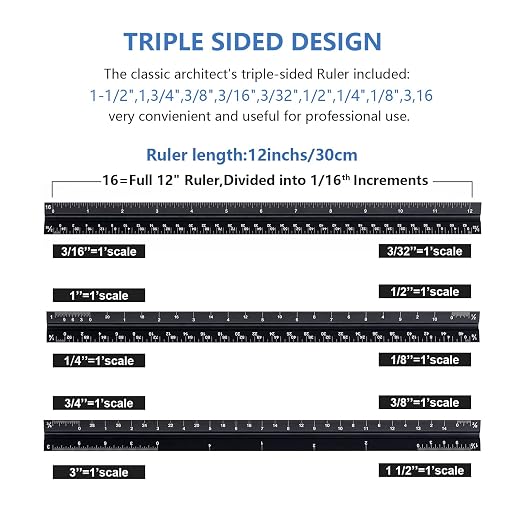 Architectural Scale Ruler with Straight Ruler, 12 Inches Imperial Measurements, Blcak Laser-Etched Aluminum Architect Triangular Ruler for Architects, Engineers, Architects, Students and Draftsman