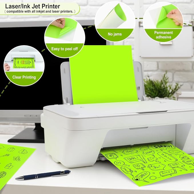 L LIKED 30 Fluorescent Green Full-Sheet Labels, 8-1/2" x 11" Neon Colored Self Adhesive Labels for Laser & Inkjet Printers - 30 Sheets