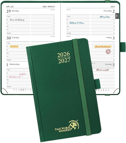 POPRUN 2026-2027 Academic Small Weekly Planner, 4" x 6.25" Purse Size Calendar, July 2026 to June 2027, Hardcover Appointment Book with Horizontal Layout, Hourly Time Slots - Dark Green