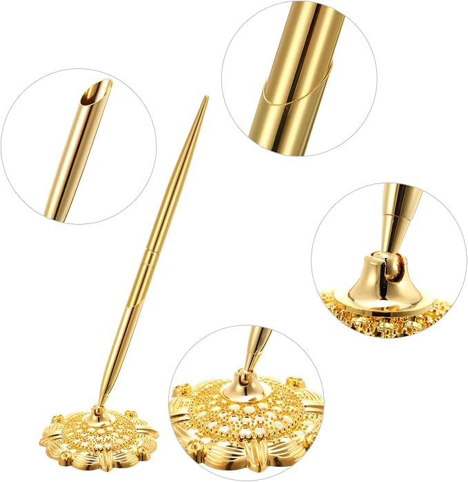 Outus 2 Pieces Wedding Pens for Guest Book Signing Pen with Metal Hollow Round Holder Stand Set for Wedding Bridal Engagement Reception Supplies(Gold)