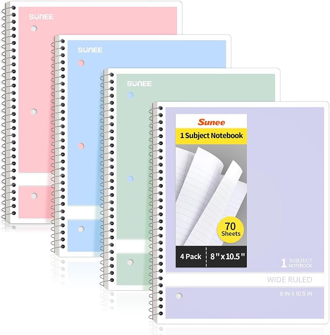 SUNEE Spiral Notebooks Wide Ruled, 1-Subject, 4 Pack, 8 x 10-1/2 in, 70 Sheets, 3-Hole Punched 70gsm Paper, Pastel Pink, Purple, Blue, Green for School, Home & Office, Writing Journal