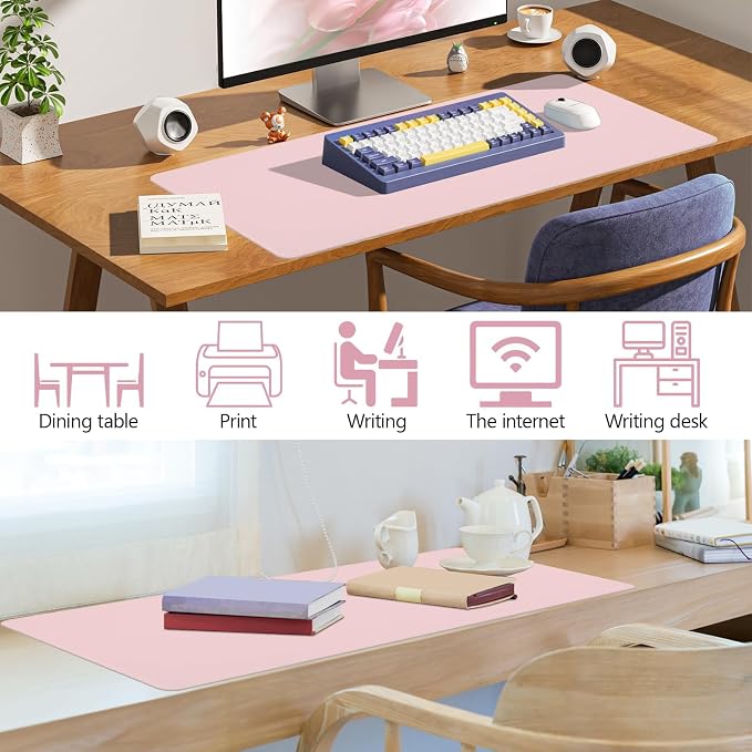 Pink Leather Desk Mat Large Mouse Pad, Waterproof Desk Pad for Keyboard and Mouse, Non-Slip Computer Desk Protector, Smooth Mouse Movement Desk Mat for Home and Office(35.4"×17")