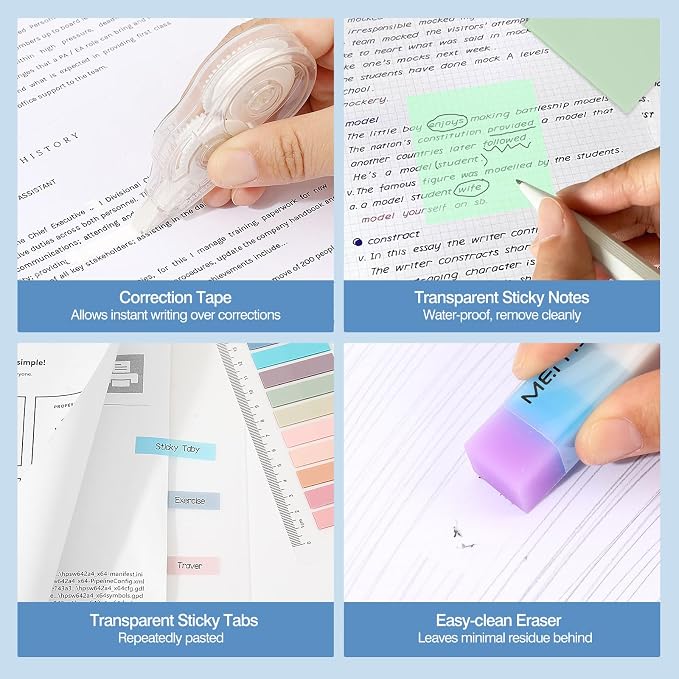 MoKo Pencil Case with Supplies, 60Pcs Aesthetic School Set, Blue | Includes highlighters, gel and ballpoint pens, mechanical pencils, refills, sticky notes, correction tapes and rulers.