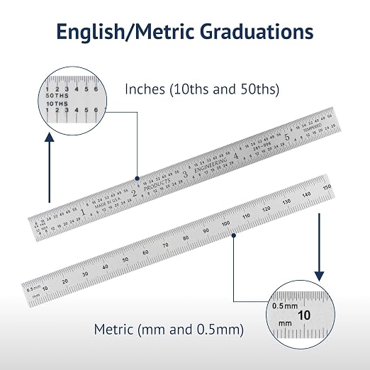 PEC Tools 6" x150mm Machinist Metal Ruler, English/Metric Markings 1/32", 1/64", 0.5mm, 1mm, Flexible Pocket Ruler - Suitable for Engineers Between Imperial and Metric Systems, Made in USA