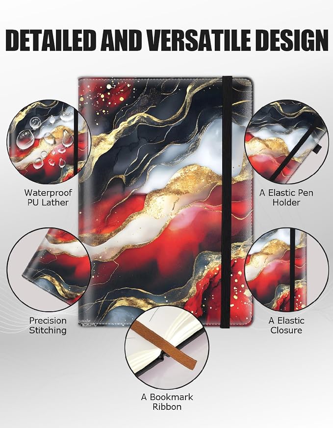Hardcover Executive Notebooks, A5 PU Leather Lined Journal Notebook, 200 Pages Thick Paper Subject Notebooks for School,Work,Home Writing Business Notebook, Diary Book ，Red Gilded Marble