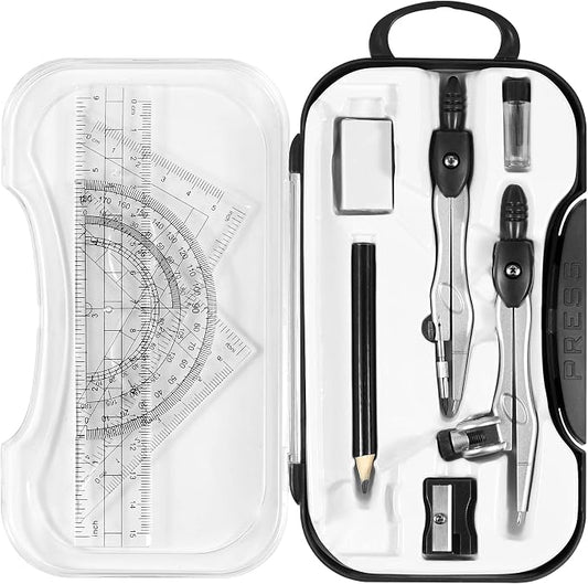 Unjoo Geometry Sets 10 Pcs Student Supplies, Protractor and Compass (Black) | Shatterproof Storage Box,Rulers,Protractor,Compass,Eraser,Pencil Sharpener,Lead Refills,Pencil,for Classroom, Back to School