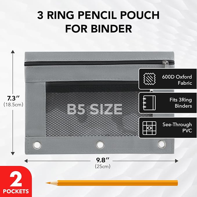 3 Ring Pencil Pouch for Binder, 2-Pocket Zipper Pencil Case with Clear Window & Mesh Pocket, 600D Oxford Fabric Binder Pouch for School Office Supplies, Fits Standard 3-Ring Binders, Grey