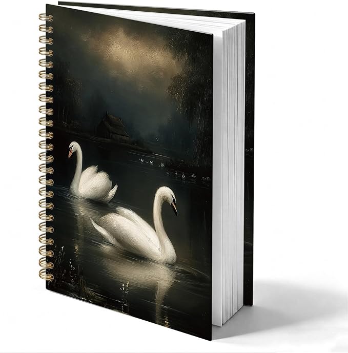 HOXUNQINA Dark Moody Swan Journal Notebook 5.5x8.3 | Swan Gifts for Women Journal, Dark Academia Gothic Moody White Swans Notebooks for Work