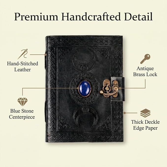 3 Moon Blue Lapis Embossed Vintage Leather Journal | 240 Pages of Antique Handmade Deckle Edge Vintage Paper, Leather Sketchbook, Drawing Journal, Great Gift (5 by 7 inch, black)
