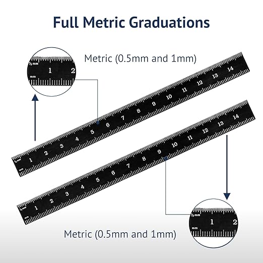 PEC Tools 150mm Flexible Metal Ruler, Stainless Steel with Black Chrome Finish, High Contrast, Fully Metric Graduation (0.5mm, 1.0mm), Easy to Read Machinist Rule, Made in USA