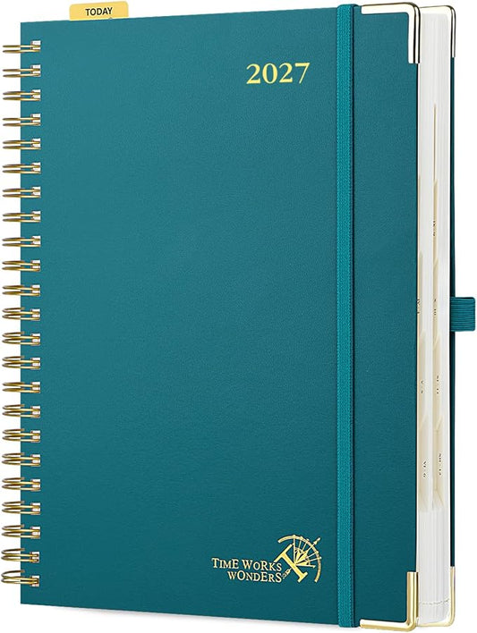 POPRUN 2027 Daily Planner One Page Per Day, Large 8.5" x 12", Calendar Book from Jan 2027 - Dec 2027, Hardcover Appointment Book with Hourly Time Slots, Spiral Bound, Monthly Tabs - Pacific Green