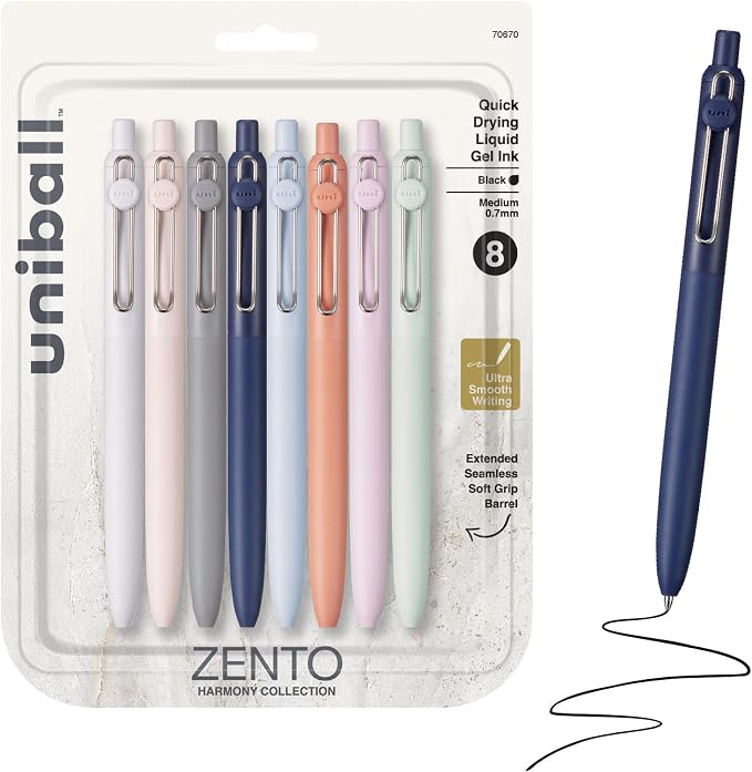 uniball™ Zento Gel Pens, Black Ink, 0.7mm Medium Point, Retractable, 8 Count, Smooth Writing, Quick-Drying, No Smear, No Bleed, Harmony Barrel Colors