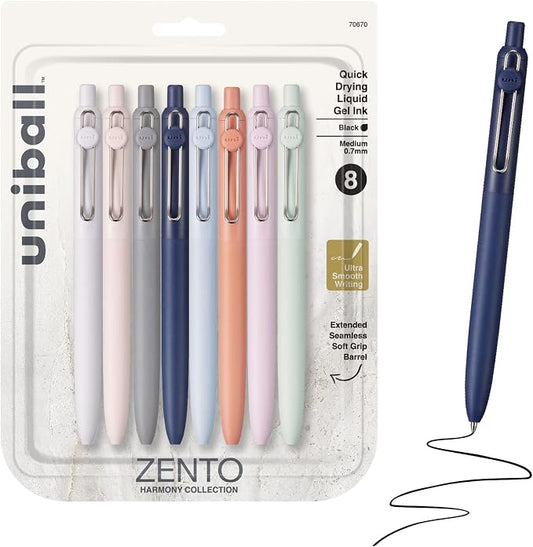 uniball™ Zento Gel Pens, Black Ink, 0.7mm Medium Point, Retractable, 8 Count, Smooth Writing, Quick-Drying, No Smear, No Bleed, Harmony Barrel Colors