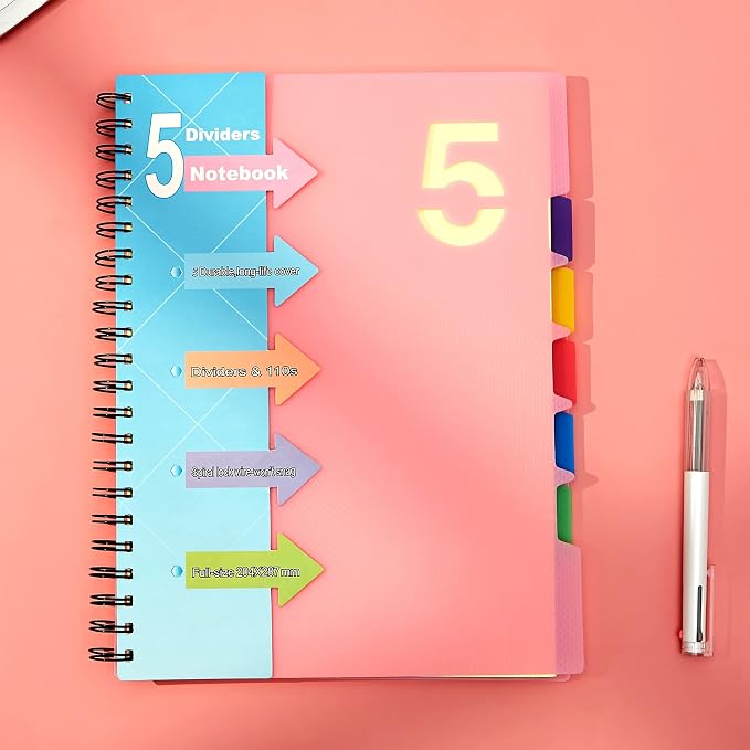 CAGIE 5 Subject Notebook 8.5 x 11, A4 Spiral Notebooks with Dividers Tabs | College Ruled 240 Pages Spiral Notebook for Note Taking, School, Work, Pink