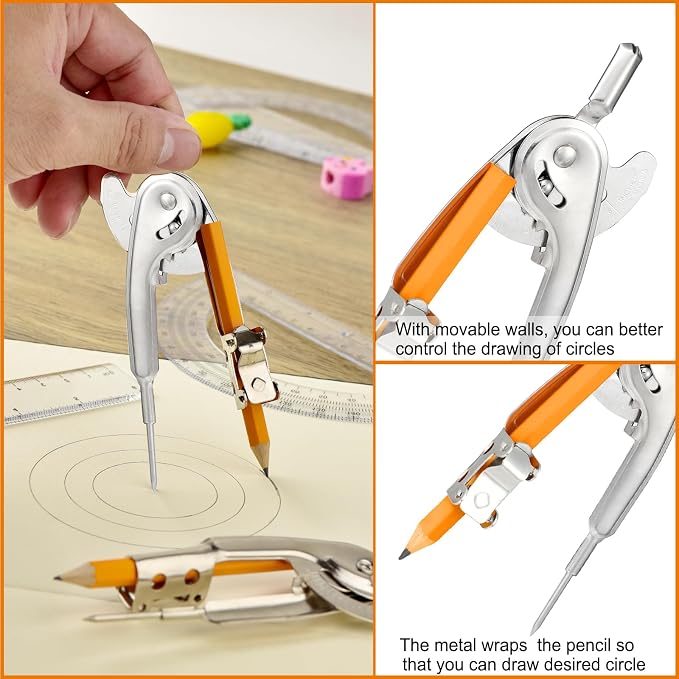 Mototo 12-PCS Geometry Tool Set, Math Compass for Geometry and 6 Inch Protractor Set Include Metal Compass with Pencil and Clear Plastic Protractor for Student Classroom Office Woodworking Art Drawing