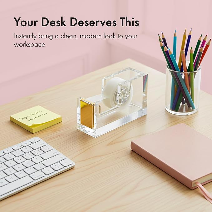 OfficeGoods Acrylic Tape Dispenser – Modern Desk Organizer for Office Supplies, Heavy Duty Refillable Tape Holder for Home and School Crafting, Stylish Desktop Accessory for Gift Wrapping, Gold