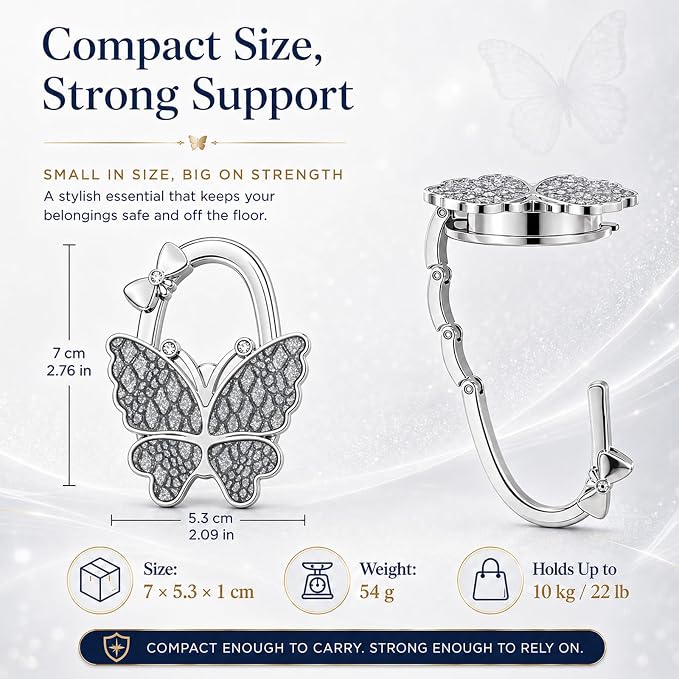 Purse Hook for Table, Foldable Handbag Hanger for Women, Portable Bag Holder with Non-Slip Base, Cute Lychee Grey Butterfly Purse Table Hook for Restaurant Office Travel Gift