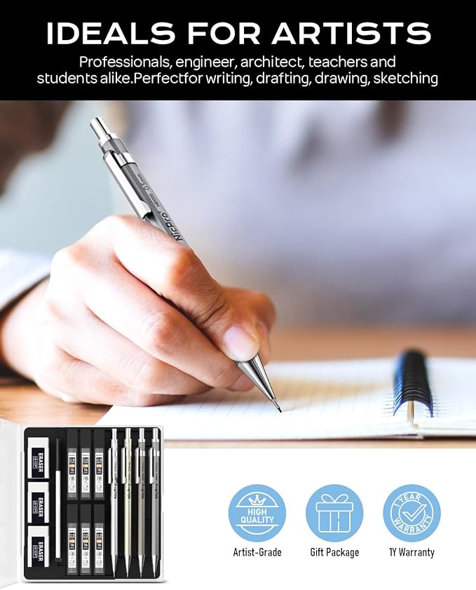 Nicpro 4 Pack Metal Mechanical Pencil Set 0.9mm, MB1000 Lead Drafting Pencil 0.9 mm with 6 Tube HB #2 Lead Refill, 3PCS 4B Eraser, 9 Cap Eraser for Artist Writing, Sketching, Drawing- Come with Case | 6 Tube HB #2 Lead Refill, 3PCS 4B Eraser, 9 Cap Era...