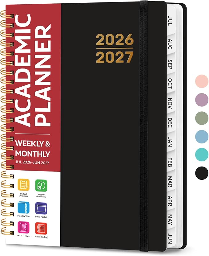 Planner 2026-2027 for Women & Men, Academic Monthly and Weekly Calendar Planner, Jul 2026 - Jun 2027, A5 (6.3" x 8.5"), Teacher Student Planning Book with Tabs, Ideal for Office School Supplies - Black