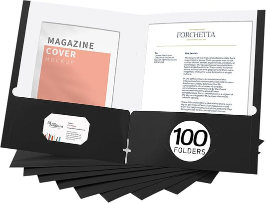 Zzrywuty File folders with Pockets,Black Two folders for documents,100 Pack Paper Folders with Card Slot,Letter Size,School Students,Business,Home and Office Workers