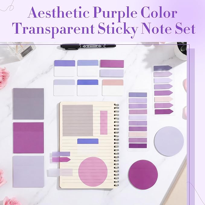 Glenmal Transparent Sticky Note Set 910 Sheets Translucent Clear Self-Adhesive Sticky Notes Bulk Gradient Color Waterproof for Bible Tabs Book Tabs Office Study Supplies Book Annotation(Purple)