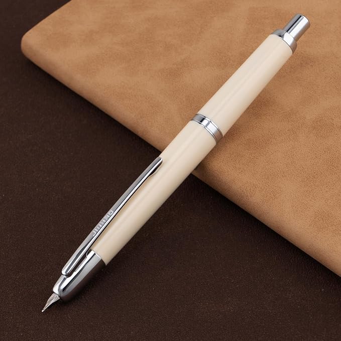 Jinhao 20 Press Retractable Fountain Pen Extra Fine Nib with Converter Resin Writing Gift Pen, Ivory with Silver Clip