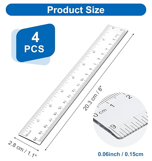 4 Pcs 6 Inch Ruler Plastic, Transparent Small Straight Rulers for Drawing, Underlining & Bookmark (8 Inches, Clear)