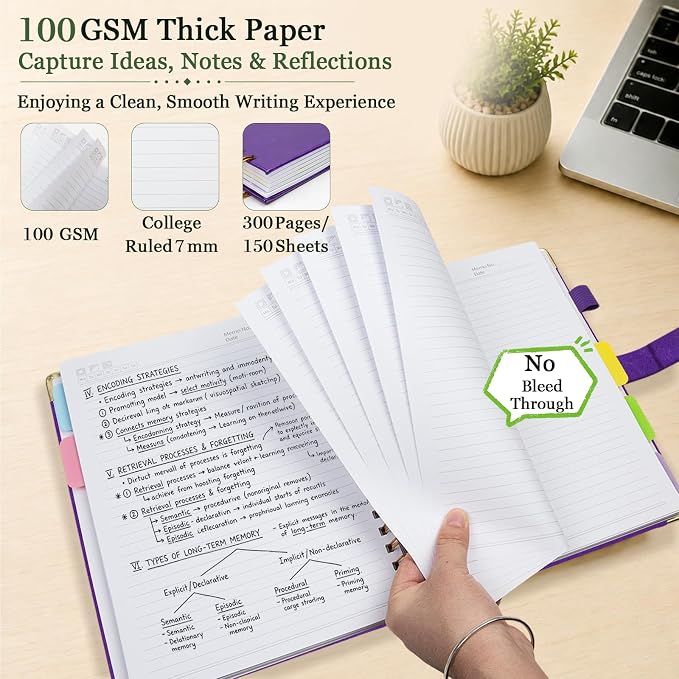 Hardcover Spiral Notebook 8''x 10'' College Ruled Notebook with Magnetic Closure, 300 Pages 5 Subject Notebooks with Pocket Dividers for Work School, B5 Leather Journal for Women, Men (Purple)
