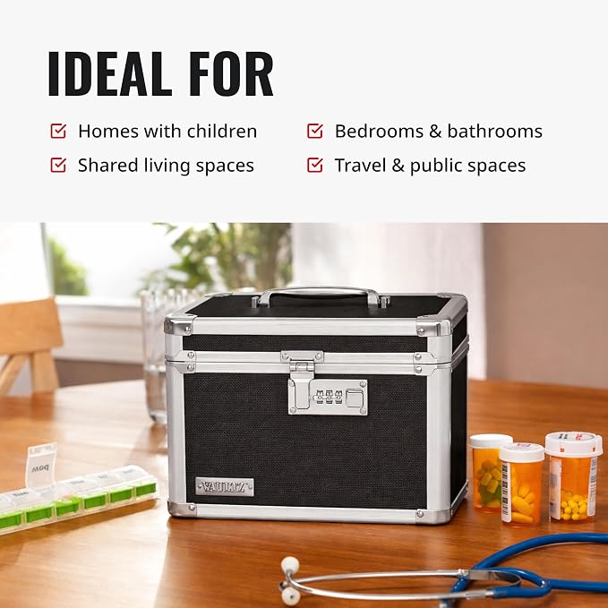 Vaultz Secure Security Lock Boxes - Safe Combination Lock Box, Storage for Documents, Valuables, Medicine & Money - 9.88 x 7.75 x 7 Inch - Black/Chrome | Lockable design with reinforced chrome-steel corners, combination-lock case, non-slip rubber feet,...
