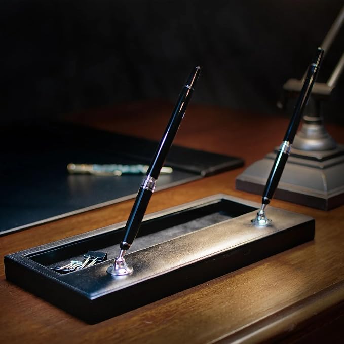 DACASSO Black Leather 11-Piece Desk Set - Luxury Leather Desk Pad & Desk Organization Essentials - Office Organization & Executive Desk Decor - (Silver Accent)