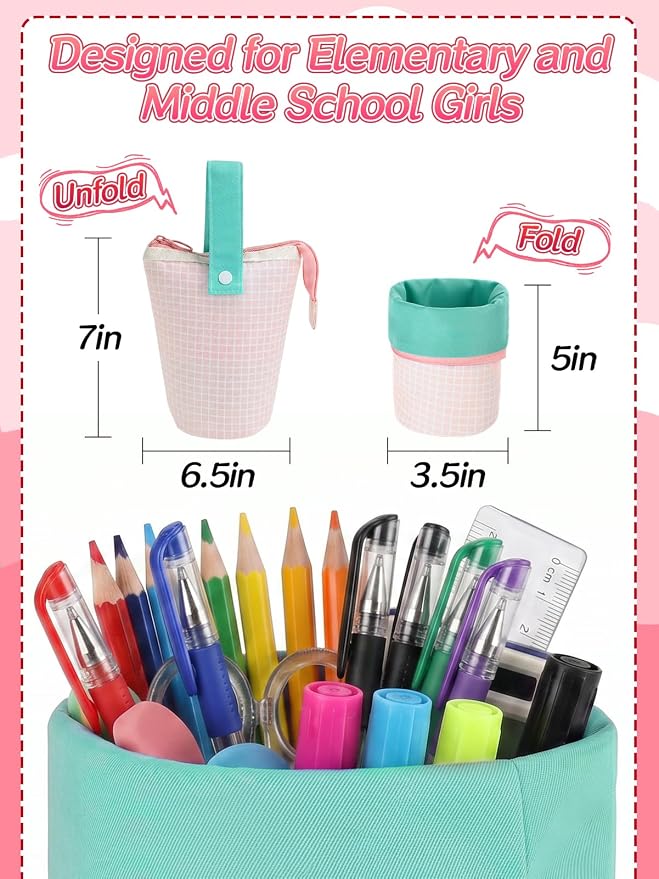 Bigmeta Gingham Standing Soft Pencil Case for Girls - 2-in-1 Cute Aesthetic Pencil Pouch with Zipper, Stationery Holder Bag for Middle & Elementary Students Back to School Supplies (Pink)