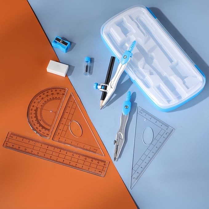 Zonon Math Geometry Set for Students 10 Pcs Compass Geometry Tools Kit Includes Protractor Compass Lead Refills Rulers Pencil Sharpener Eraser Pencil Storage Box for Drafting and Drawings(Blue)