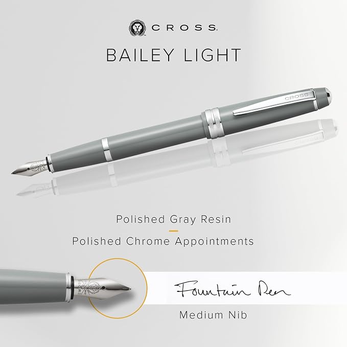 Cross Bailey Light Polished Gray Fountain Pen - Professional Pen for Effortless Writing - Journaling, Note-Taking & More - Black Ink - Easy Handling - Includes Gift Box