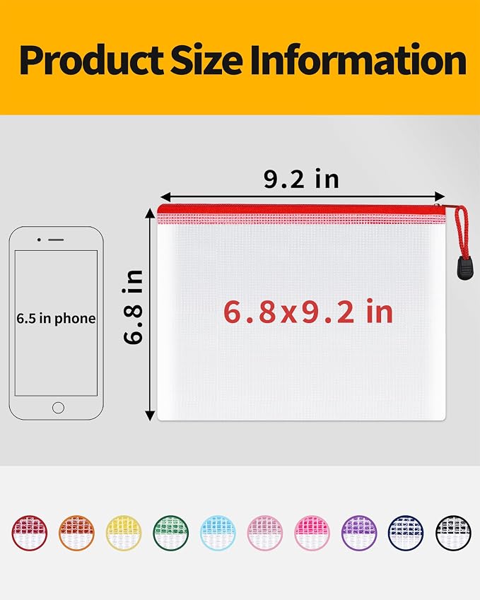 SUNEE Mesh Zipper Pouch 6.8x9.2 in (10 Colors, 30 Packs), Mesh Bags with Zipper for School Office Supplies, Puzzles & Games, Travel Accessories