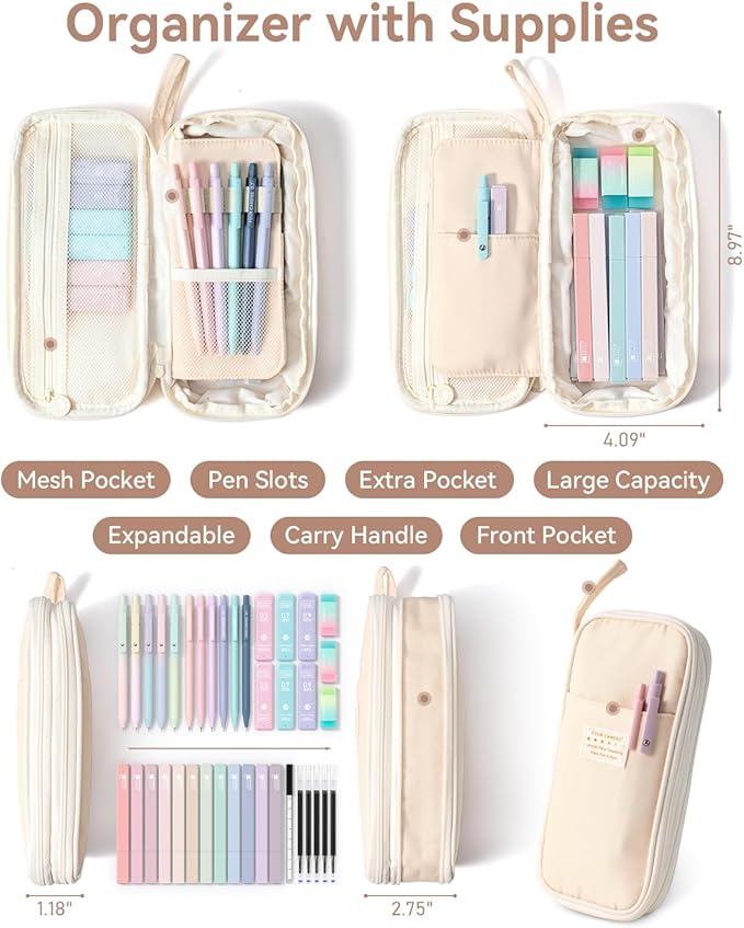 Four Candies School Supplies with Cute Pen Case, 39ct, Cream | Back to School Stationery Set, Essentials for College & Nursing Students, 5 Gel Pens, 6 Mechanical Pencils, 12 Highlighters