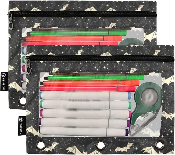Binder Pencil Pouches, Bats and Stars Pencil Case with Clear Window 3 Rings Pen Case Holder School Office Supplies Cosmetic Makeup Bag