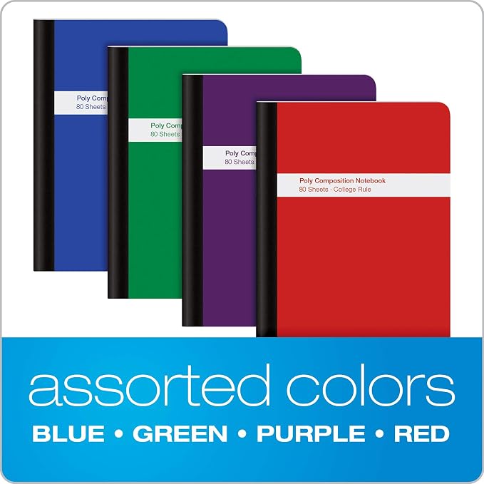 Oxford Poly Composition Notebook 4 Pack, College Ruled Paper, 9-3/4 x 7-1/2 Inches, 80 Sheets, Assorted Colors: Blue, Green, Purple, Red (64958)