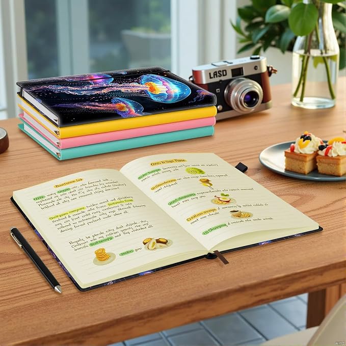 Hardcover Executive Notebooks, A5 PU Leather Lined Journal Notebook, 200 Pages Thick Paper Subject Notebooks for School,Work,Home Writing Business Notebook, Diary Book ，Jellyfish